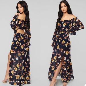 Long Sleeve Floral Cut Out Maxi Dress